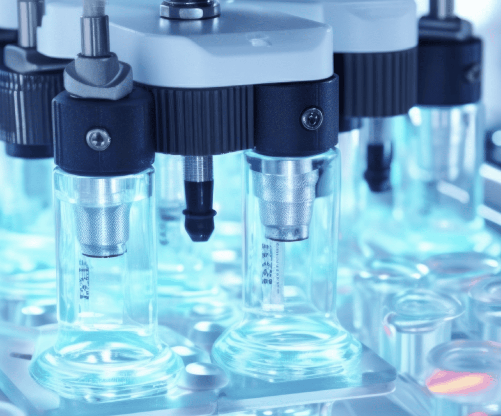 Close-up of laboratory equipment filling small glass vials with liquid under blue lighting. The vials are part of an automated process, with precision machinery handling the task.